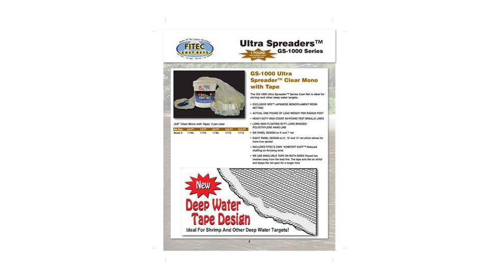 Fitec GS1000 Ultra Spreader Cast Net Clear Mono 1/2" Mesh w/Tape 6' 1Lb Lead Per Foot, 12060