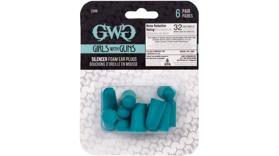 Girls With Guns Silencer Foam Ear Plugs, 32 dB NRR, ANSI S3.19 &amp; CE EN352-1 Hearing Protection Rated, 6-Pairs per Pack, Teal, One Size, 2389