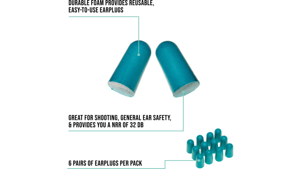 Girls With Guns Silencer Foam Ear Plugs, 32 dB NRR, ANSI S3.19 &amp; CE EN352-1 Hearing Protection Rated, 6-Pairs per Pack, Teal, One Size, 2389
