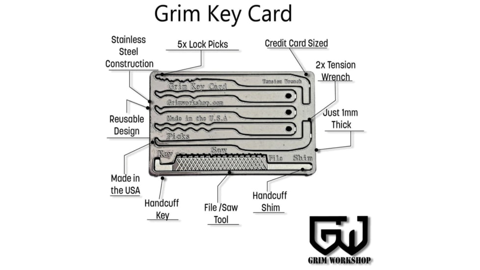 Grim Workshop Lock Picking and Escape Card, Surgical Grade Stainless Construction, 3.38in x 2.13in x 0.25in, GWGRIMKEYCRD