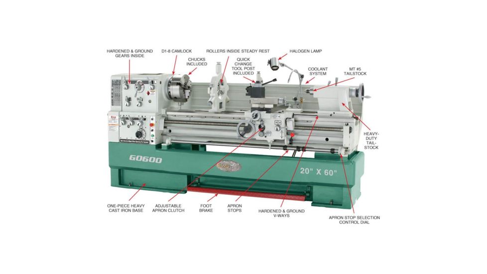 Grizzly Industrial 20in. x 60in. 3-Phase Big Bore Metal Lathe G0600