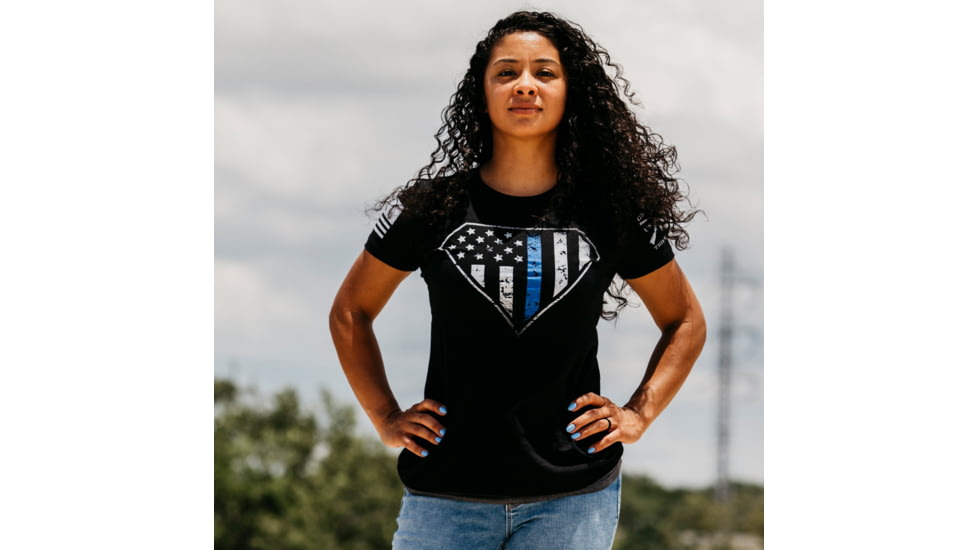 Grunt Style Blue Line Crest T-Shirt - Womens, Black, Small, GS3547-S