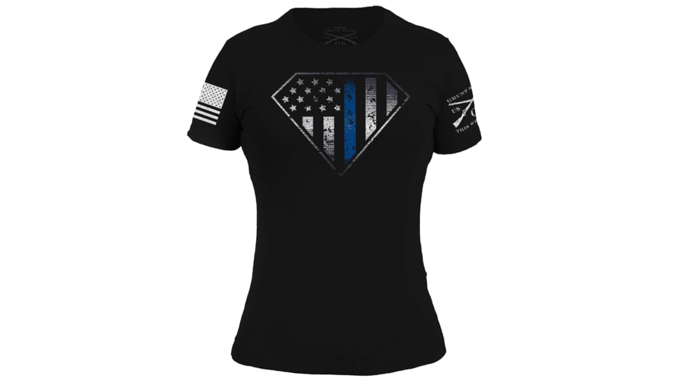 Grunt Style Blue Line Crest T-Shirt - Womens, Black, Small, GS3547-S