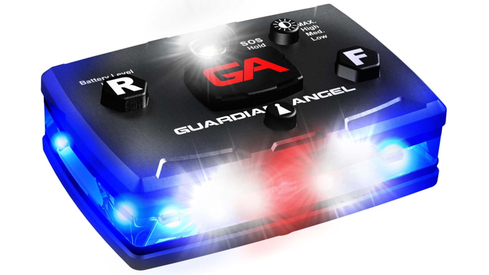 Guardian Angel Elite Series Wearable Safety Light, Black Casing, White/Blue Split Front, Blue Rear, White Top Light, Red Work Light, ELT-B/B