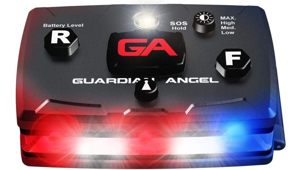 Guardian Angel Elite Series Wearable Safety Light, Black Casing, White/Red/Blue Split Front, Red/Blue Split Rear, White Top Light, Red Work Light, ELT-R/B