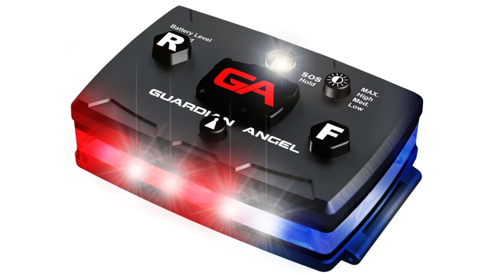 Guardian Angel Elite Series Wearable Safety Light, Black Casing, White/Red/Blue Split Front, Red/Blue Split Rear, White Top Light, Red Work Light, ELT-R/B
