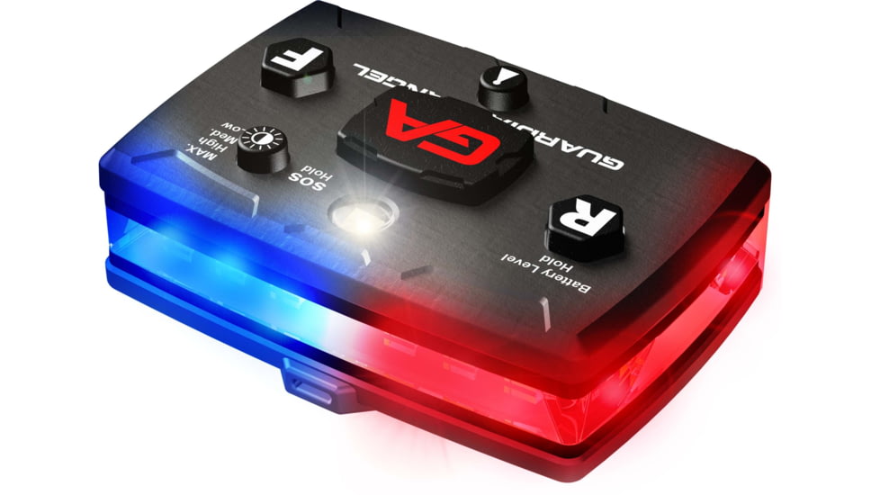 Guardian Angel Elite Series Wearable Safety Light, Black Casing, White/Red/Blue Split Front, Red/Blue Split Rear, White Top Light, Red Work Light, ELT-R/B