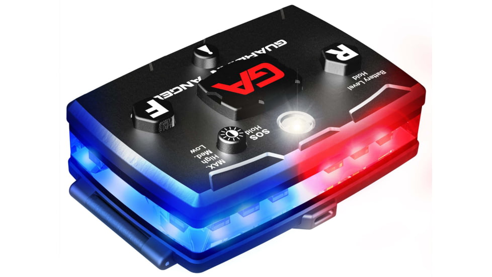 Guardian Angel Elite Series Wearable Safety Light, Black Casing, White/Red/Blue Split Front, Red/Blue Split Rear, White Top Light, Red Work Light, ELT-R/B