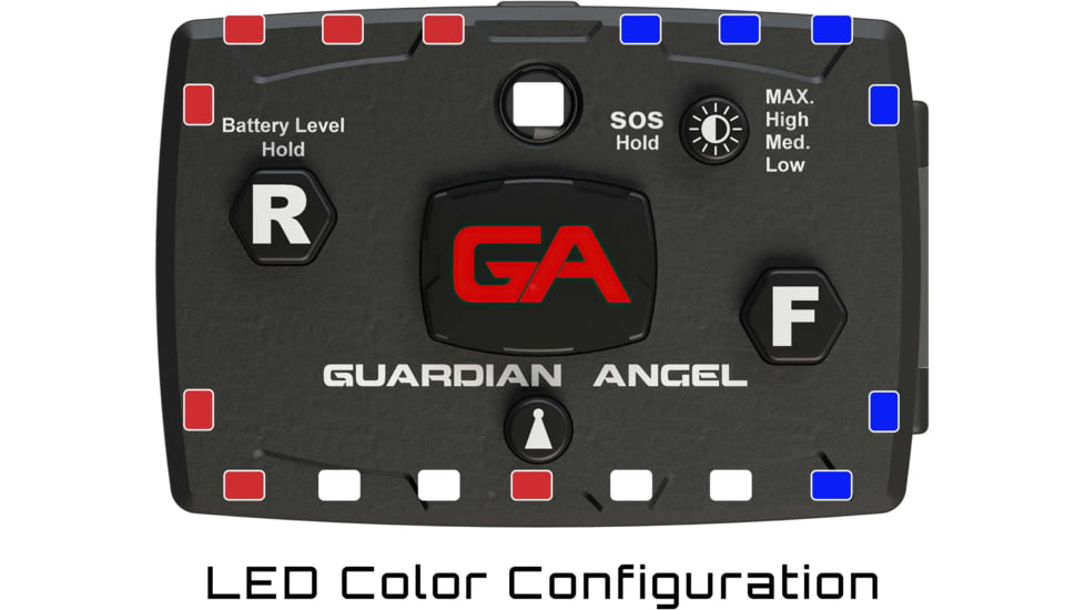 Guardian Angel Elite Series Wearable Safety Light, Black Casing, White/Red/Blue Split Front, Red/Blue Split Rear, White Top Light, Red Work Light, ELT-R/B