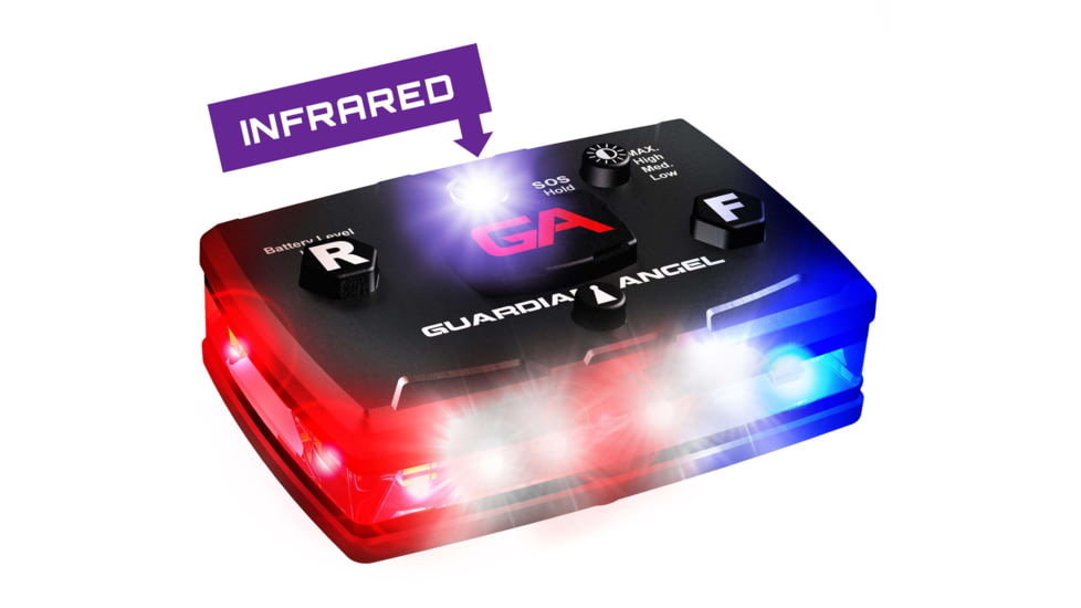 Guardian Angel Infrared Hybrid Wearable Safety Light, Elite Series, Black Casing, White/Red/Blue Split Front, Red/Blue Split Rear, Infrared Top Light, Red Work Light, ELT-R/B-IR