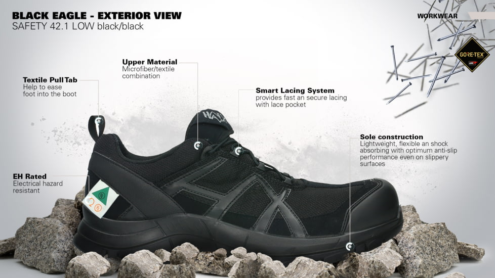 HAIX 42.1 Low Black Eagle Safety Boot, 8.5US, Wide, Black, 8.5, 610013W-8.5