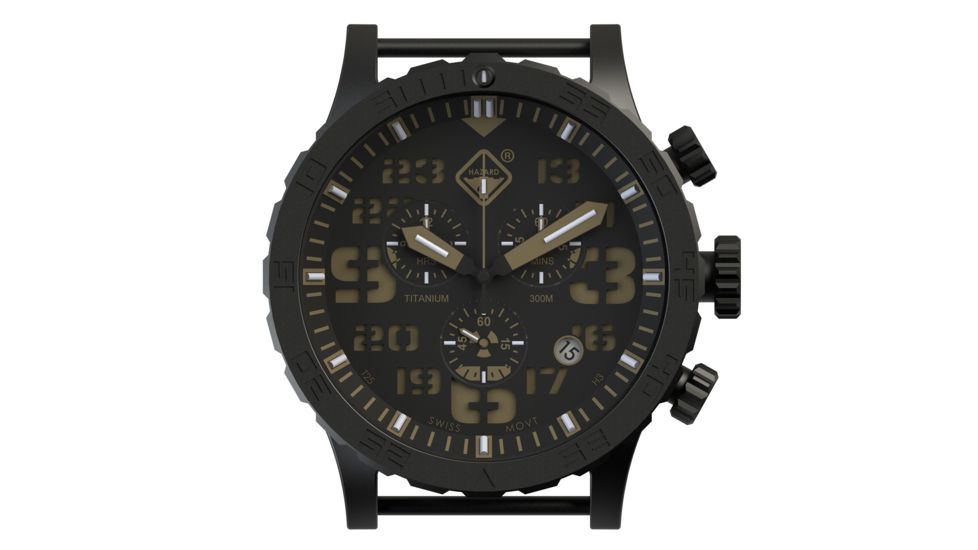 Hazard 4 Heavy Water Diver, 50mm Titanium Chrono tiBracelet Watch with Tritium, Black Dial, Earth Texts, Green/Yellow Tritium, HWD-TIPV-CH-B-KE-GGYG