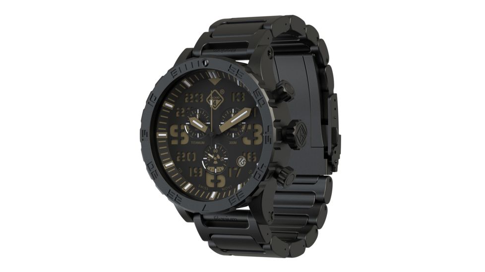 Hazard 4 Heavy Water Diver, 50mm Titanium Chrono tiBracelet Watch with Tritium, Black Dial, Earth Texts, Green/Yellow Tritium, HWD-TIPV-CH-B-KE-GGYG