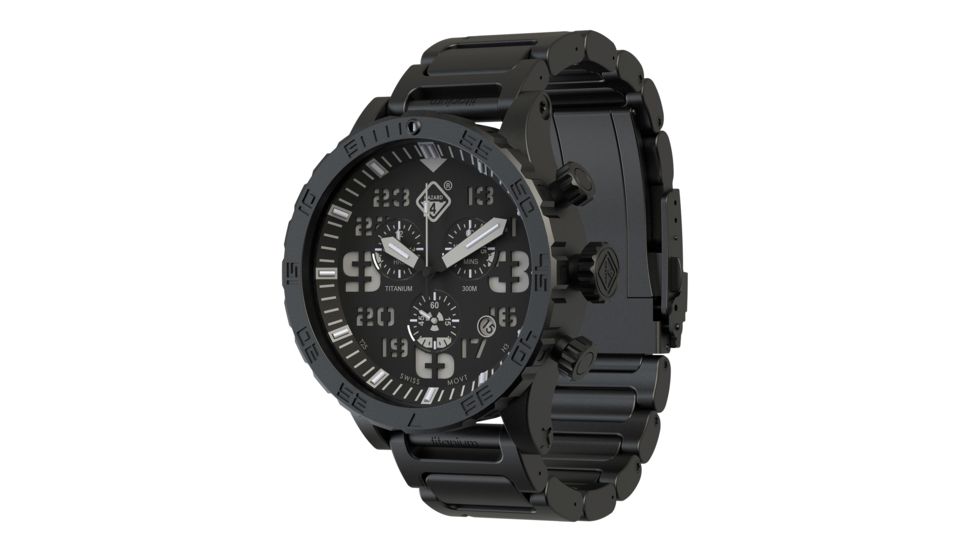 Hazard 4 Heavy Water Diver, 50mm Titanium Chrono tiBracelet Watch with Tritium, Black Dial, White Texts, Green/Yellow Tritium, HWD-TIPV-CH-B-KW-GGYG