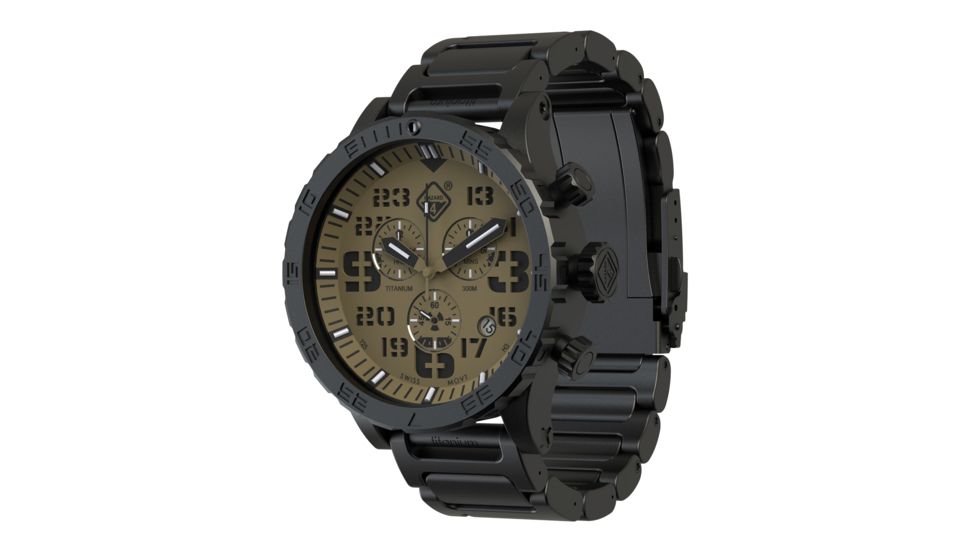 Hazard 4 Heavy Water Diver, 50mm Titanium Chrono tiBracelet Watch with Tritium, Earth Dial, Black Texts, Green/Yellow Tritium, HWD-TIPV-CH-B-EK-GGYG