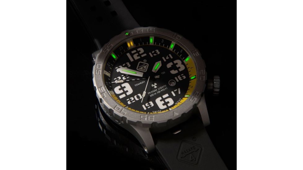 Hazard 4 Heavy Water Diver, 50mm Titanium GMT Watch with Tritium, Black Dial, White Texts, Green/Yellow Tritium, HWD-TI-G-W-KW-GGYG