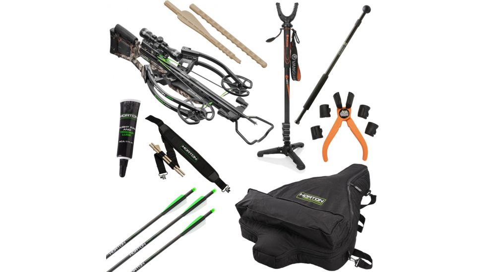 Horton Archery Storm RDX Premium Crossbow Package w/3x Pro-View 2 Scope,Dedd Sled 50,165lb Draw Weight, Mossy Oak Treestand Camo, NH15001-7520 W/ Vanguard Quest Tripod
