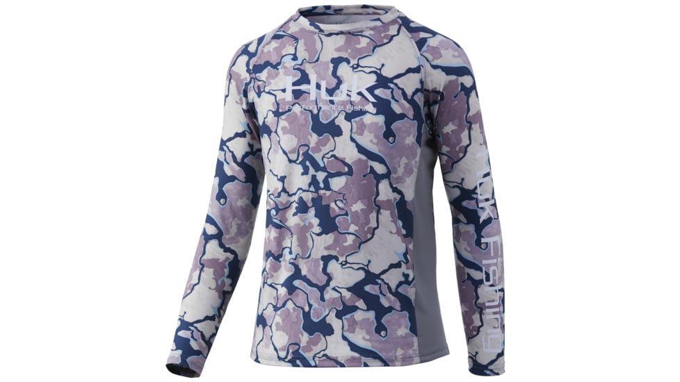 HUK Performance Fishing Current Camo Pursuit Long Sleeve Crew Neck Shirt - Youth, Ocean Tally Cam, Youth Large, H7120037-975-YL