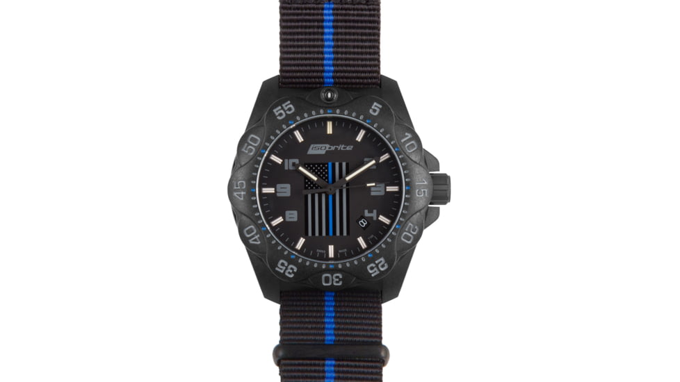 Isobrite Thin Blue Line T100 Tritium Mid-Size Watch, Black/Gray, 39.5mm, ISO3006