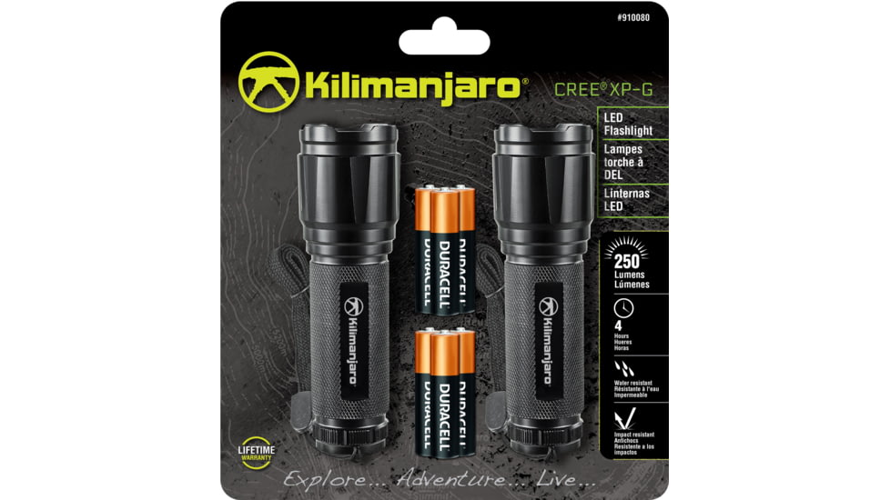 Kilimanjaro Gear LED Flashlight 2pk, Black, 250 Lumens, 3 AAA Included KJ910080, EDEMO1