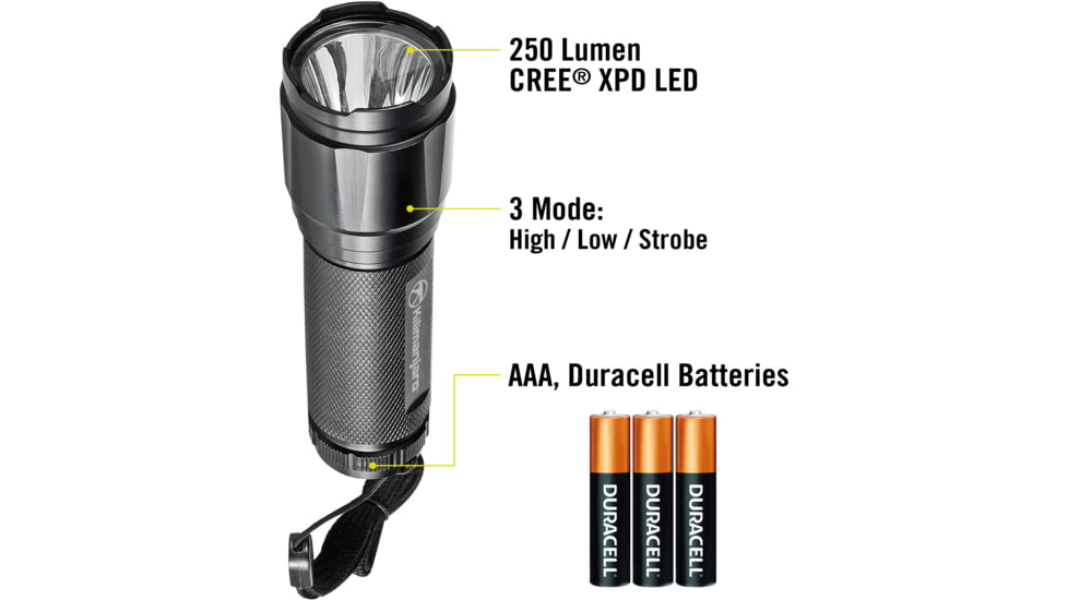 Kilimanjaro Gear LED Tactical Flashlight, Black, 250 Lumens, 3 AAA Included KJ910079, EDEMO1