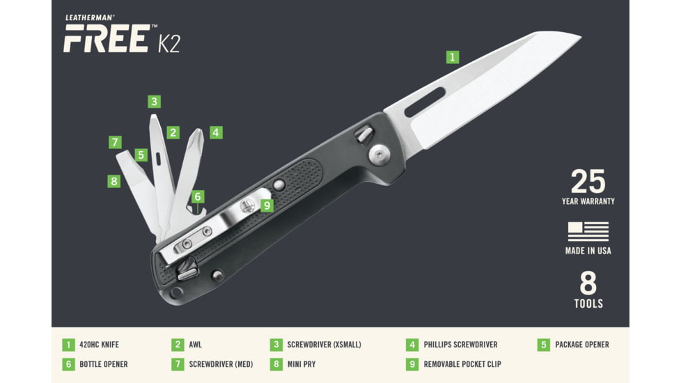Leatherman FREE K2 Folding Knives, 3.3in, 420HC SS, Gray, 037447006906