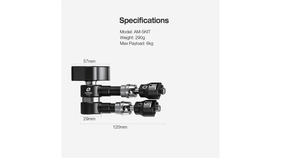 Leofoto AM-5 Kit Versa Magic Arm Heavy-Duty w/Anti-Twist Adapter, 1/4th Mounting Screws, Black, AM-5-KIT