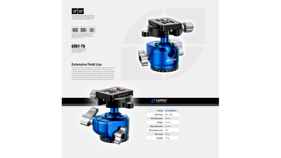 Leofoto LH-30 Low Profile Ball Head &amp; QR Plate. Arca, Black, LH-30