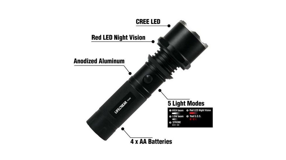 Life Gear Pro Series 400 Tactical Flashlight w/ Red Night Vision &amp; Strobe - 400 Lumens, black LG21-60546-BLA