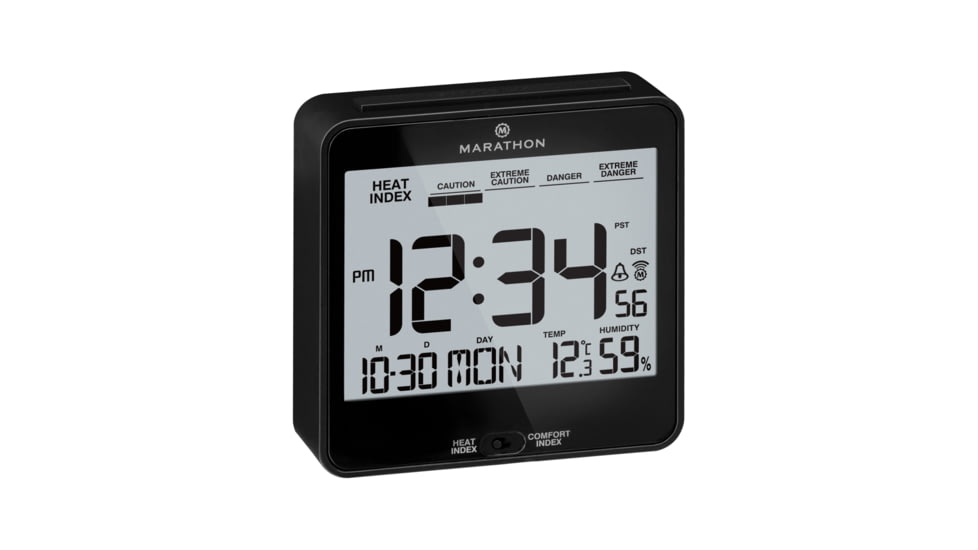 Marathon Atomic Desk Clock w/Backlight, Heat and Comfort Index, Black, CL030054-BK-00-NA