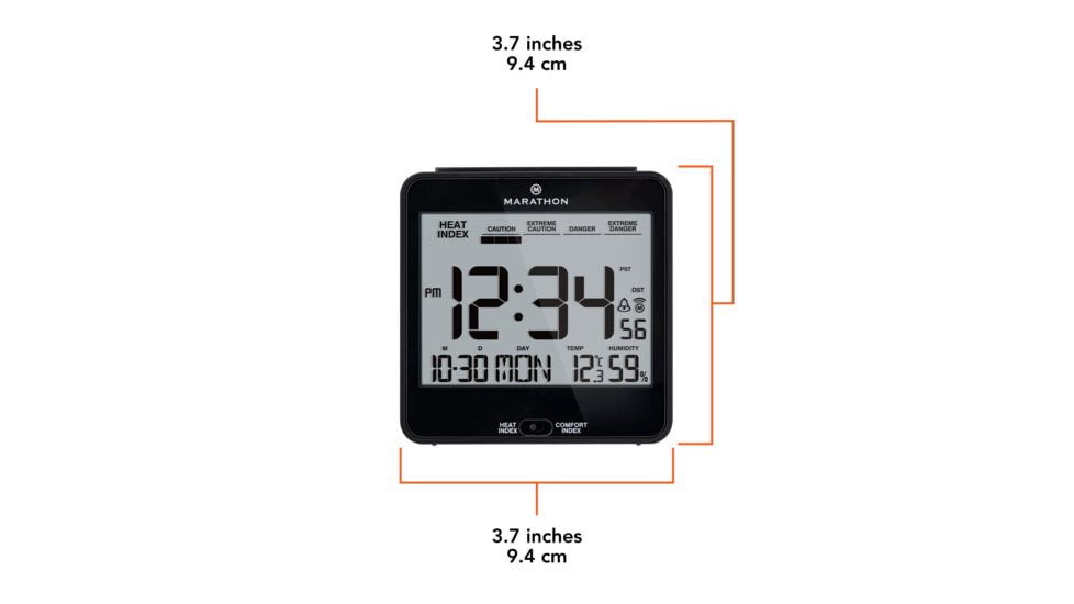 Marathon Atomic Desk Clock w/Backlight, Heat and Comfort Index, Black, CL030054-BK-00-NA