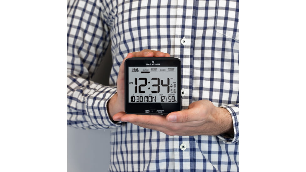 Marathon Atomic Desk Clock w/Backlight, Heat and Comfort Index, Black, CL030054-BK-00-NA