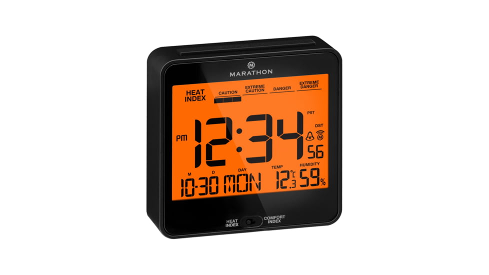 Marathon Atomic Desk Clock w/Backlight, Heat and Comfort Index, Black, CL030054-BK-00-NA