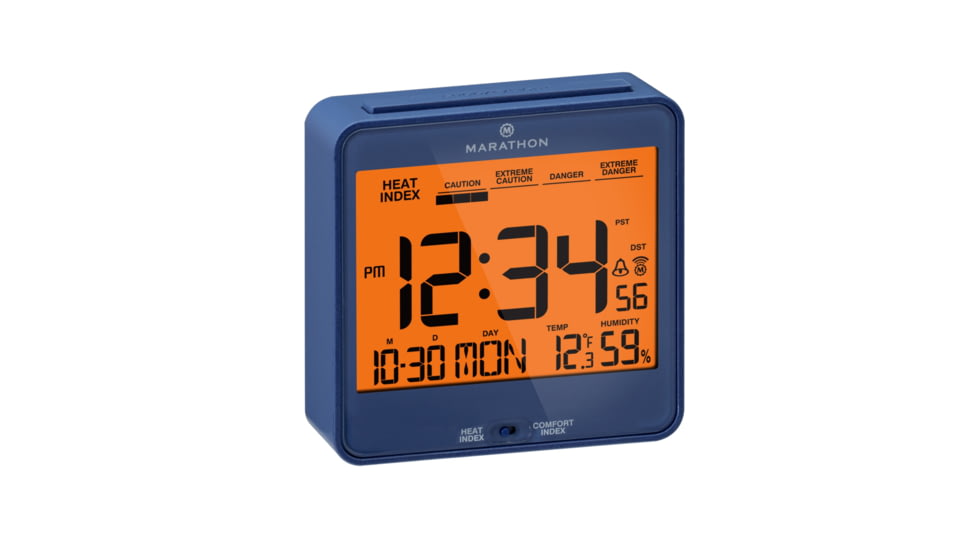 Marathon Atomic Desk Clock w/Backlight, Heat and Comfort Index, Blue, CL030054-BL-00-NA
