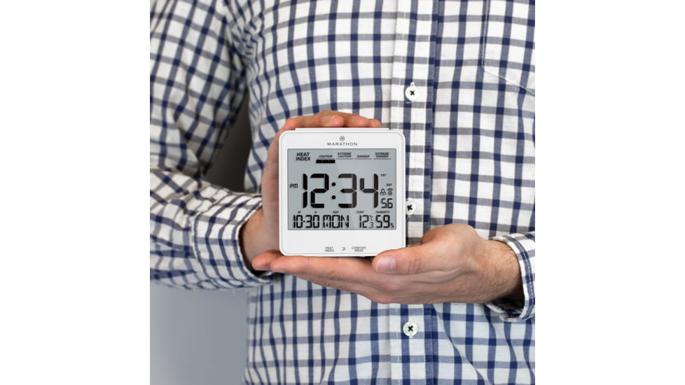 Marathon Atomic Desk Clock w/Backlight, Heat and Comfort Index, White, CL030054-WH-00-NA