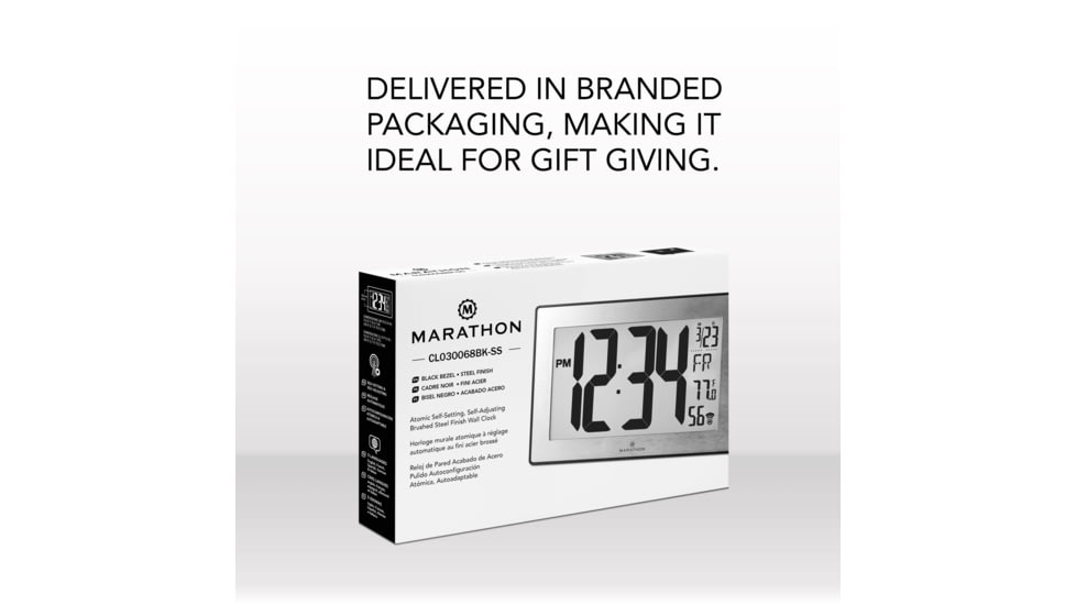 Marathon Atomic Digital Wall Clock, Black/Stainless Steel, 9.5in x 1in x 6in, CL030068-BK-SS-NA