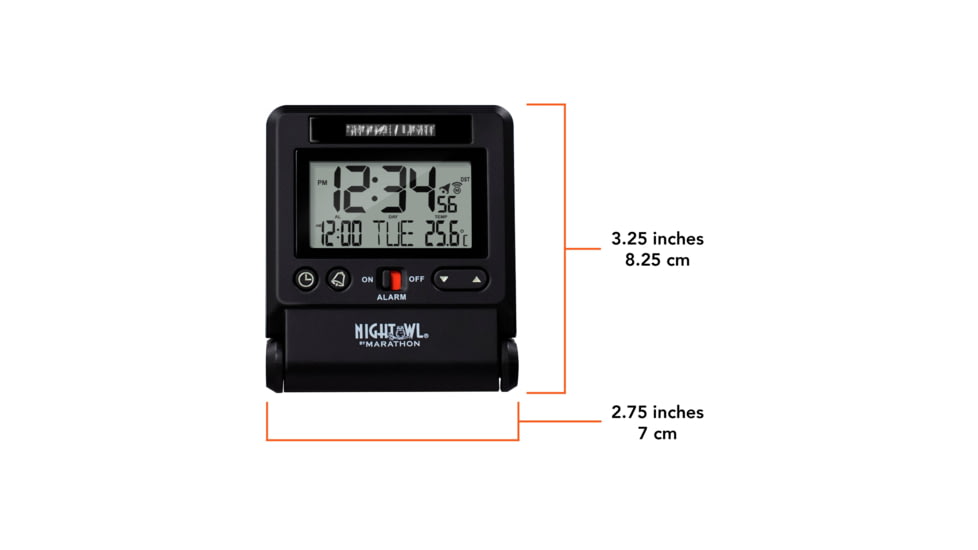 Marathon Atomic Travel Alarm Clock w/Auto Night Light, Black, CL030036-BK-00-NA