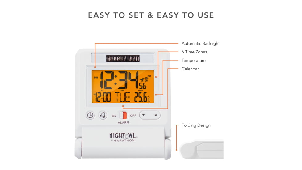 Marathon Atomic Travel Alarm Clock w/Auto Night Light, White, CL030036-WH-00-NA