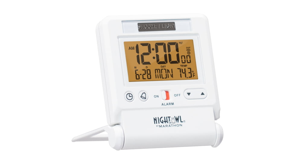 Marathon Atomic Travel Alarm Clock w/Auto Night Light, White, CL030036-WH-00-NA