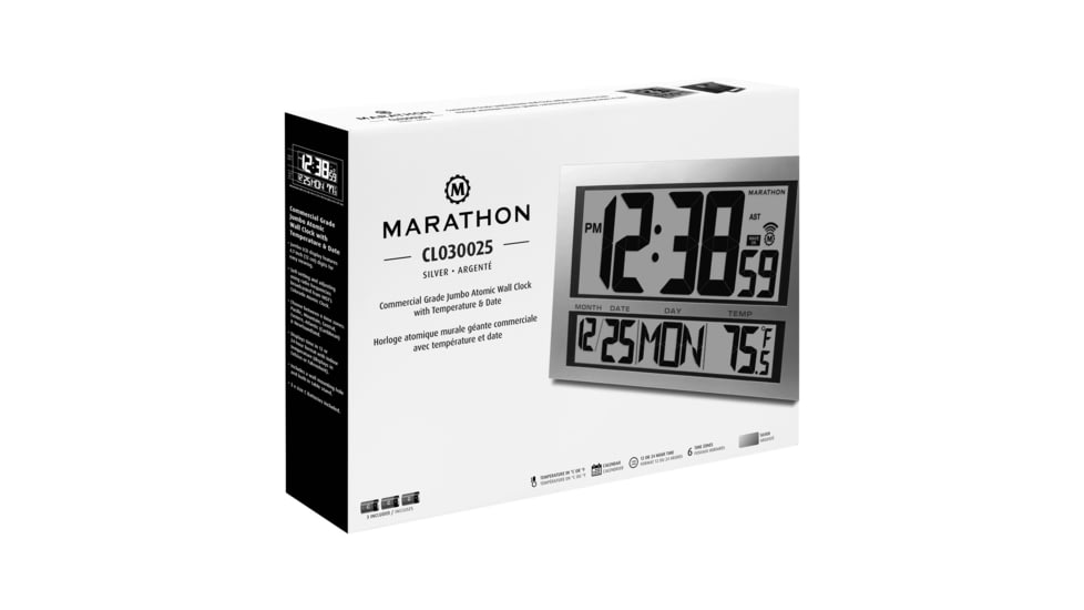 Marathon Commercial Grade Jumbo Atomic Wall Clock w/6 Time Zones, Silver, CL030025-SV-00-NA