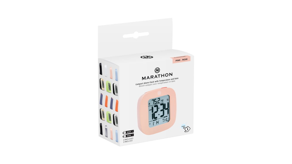 Marathon Compact Alarm Clock w/Temperature and Date, Pink, CL030058-PI-00-NA