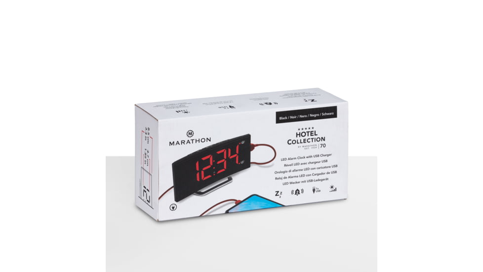 Marathon Digital Dual Alarm Clock with Two USB Chargers, Black, 9 x 1 x 3in, CL030070-BK-RD-NA
