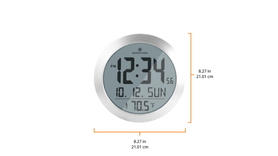 Marathon Digital Round Wall Clock, Stainless Steel, 9in x 1in x 9in, CL030069-SS-00-NA