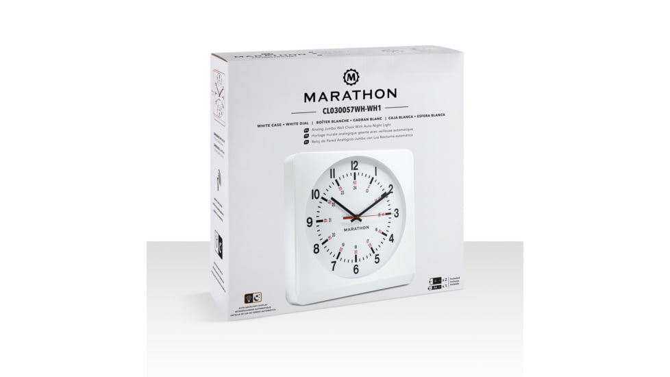 Marathon Jumbo Analog Wall Clock w/Auto-Night Light, White, CL030057-WH-WH-NA