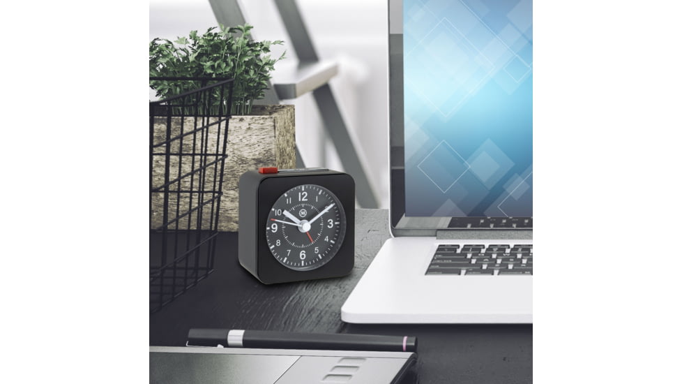 Marathon Mini Analog Alarm Clock, Black Case/Black Dial, 2.75in x 2in x 2.75in, CL030065-BK-BK-NA