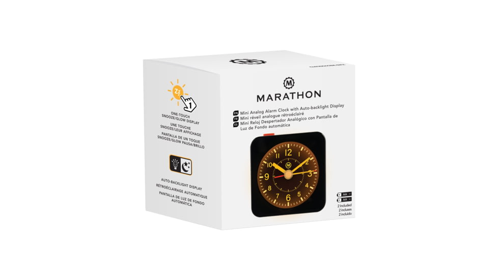 Marathon Mini Analog Alarm Clock, Black Case/Black Dial, 2.75in x 2in x 2.75in, CL030065-BK-BK-NA