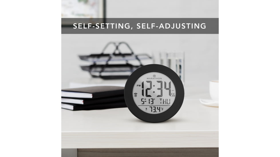 Marathon Round Atomic Alarm Clock w/ Push Button Backlight, Black, CL030078-BK-RD-NA