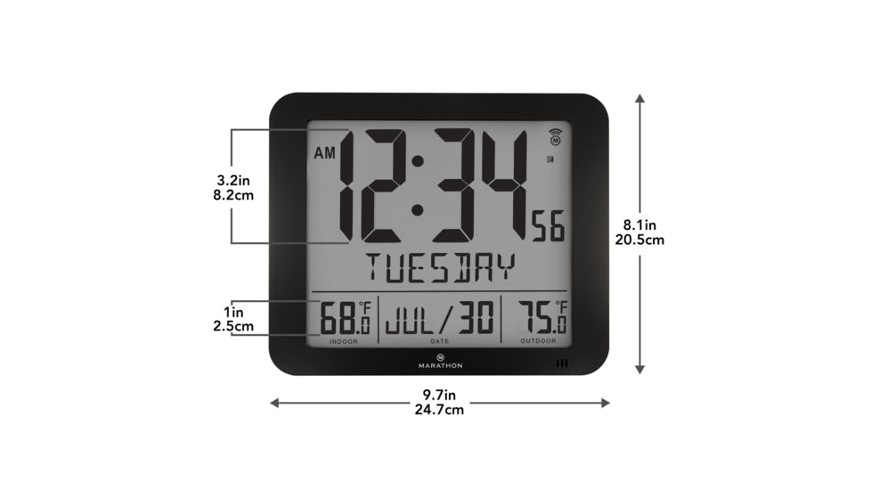 Marathon Slim Atomic Wall Clock w/ Indoor/Outdoor Temperature, Black, 9.8in x 1.2in x 8.1in, CL030027-BK-FD-NA