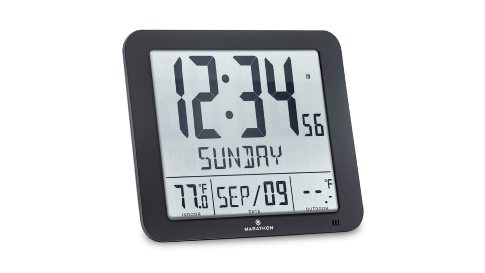 Marathon Slim Atomic Wall Clock w/ Indoor/Outdoor Temperature, Black, 9.8in x 1.2in x 8.1in, CL030027-BK-FD-NA