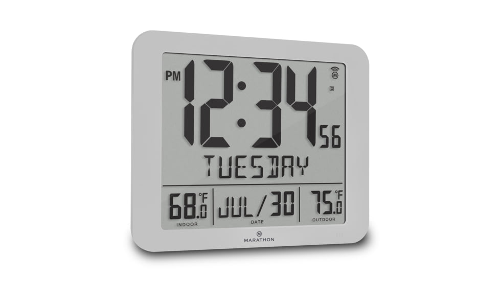Marathon Slim Atomic Wall Clock w/ Indoor/Outdoor Temperature, Graphite Grey, 9.8in x 1.2in x 8.1in, CL030027-GG-FD-NA